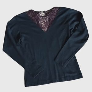 Vintage Carole Little Black Knit Sweater with Brown Lace Neckline